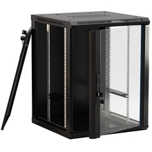 Hyperline TWB-FC-1866-GP-RAL9004 Шкаф настенный 19-дюймовый (19") 18U, 908x 600х 600мм, стеклянная дверь с перфорацией по бокам, ручка с замком, с возможностью установки на ножки, цвет черный RAL 9004