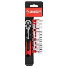 Набор ЗУБР "МАСТЕР": Торцовые головки (1/4") на пластиковом рельсе, трещотка, удлинитель, Cr-V, 4-13мм, 12 предметов [27645-H12]