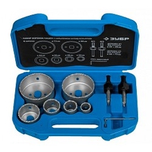 ЗУБР Набор коронок-чашек "ПРОФЕССИОНАЛ" c карбид-вольфрамовым нанесением, 6 коронок-чашек O 22, 28, 35, 44, 68, 73 мм, 2 державки со сверлами, ключ [33360-H6_z01]