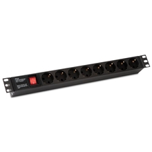 Hyperline SHE19-8SH-S-IEC Блок розеток для 19" шкафов, горизонтальный, с выключателем с подсветкой, 8 розеток Schuko (10А), 250В, без кабеля питания, входная розетка IEC 60320 C14, 482.6х44.4х44.4мм