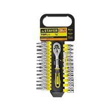 Набор STAYER "STANDARD": Торцовые головки, биты-головки (1/4") на пластик рельсе, трещотка, удл-тель, 4-13мм, 28 пр. [27754-H28]