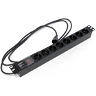 Hyperline SHE19-8SH-S-2.5IEC Блок розеток для 19" шкафов, горизонтальный, с выключателем с подсветкой, 8 розеток Schuko (10A), 250В, кабель питания 3х1.0мм2, длина 2.5 м, с вилкой IEC 320 C14, 482.6x4